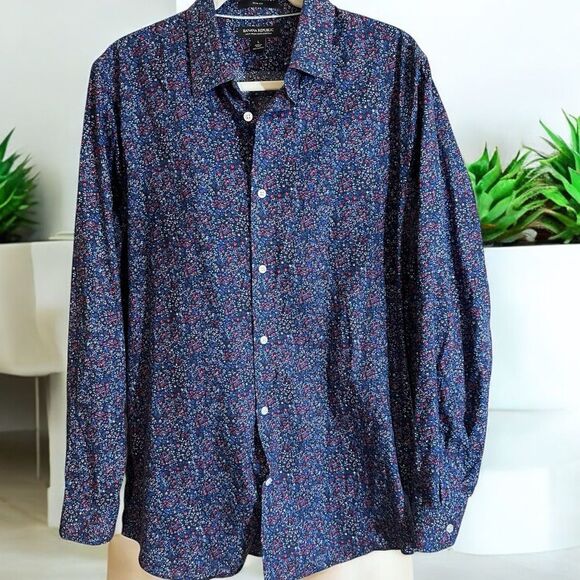 Banana‎ Republic Slim Non-Iron Blue Pink Mini Florals  Men's Long Sleeve Shirt L - Picture 1 of 7